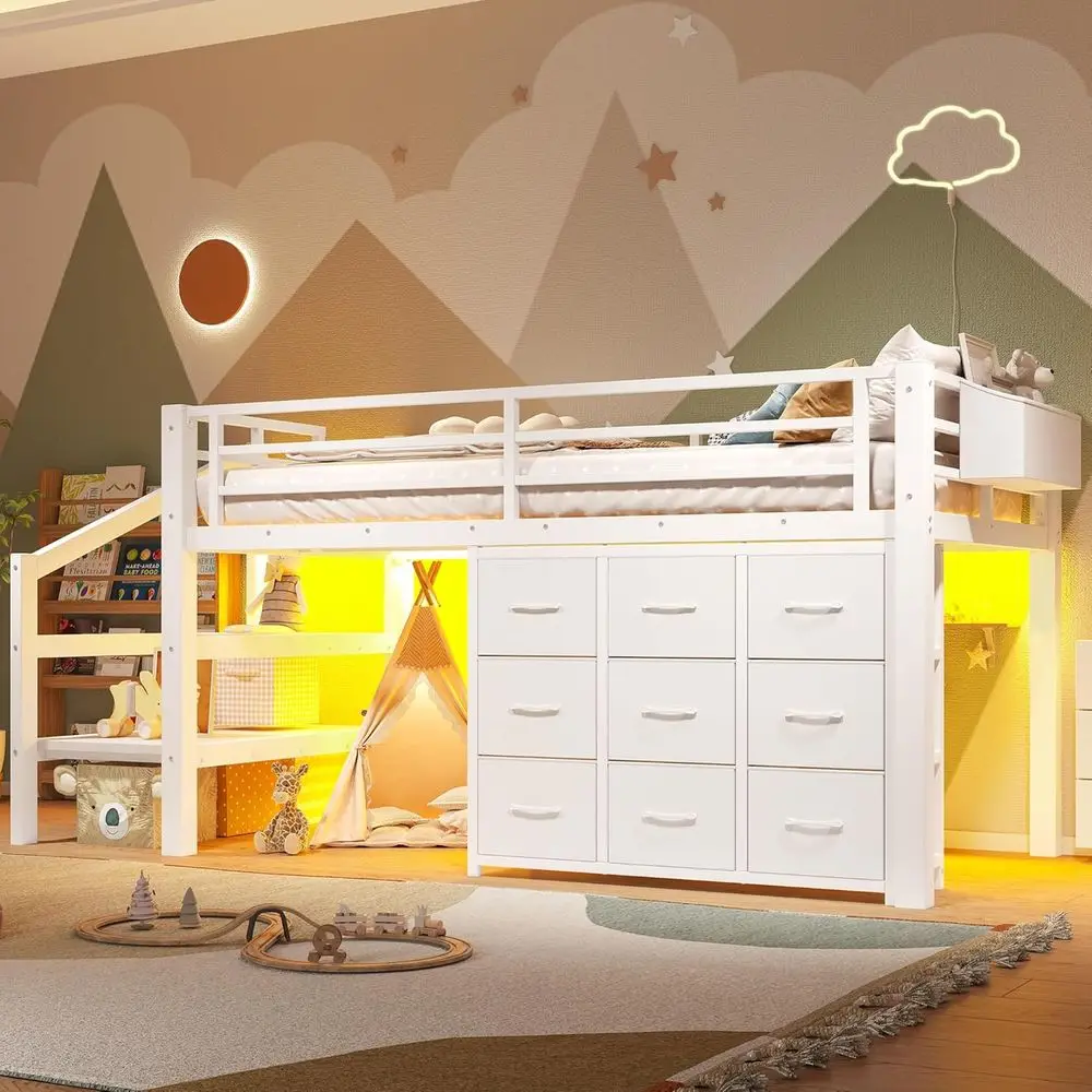 Twin Size Low Loft Bed with Storage Stairs, Metal Frame, LED Lights, and Shelves - Ideal for Small Spaces, No Box Spring Require
Twin Size Low Loft Bed with Storage Stairs, Metal Frame, LED Lights, and Shelves - Ideal for Small Spaces, No Box Spring Require