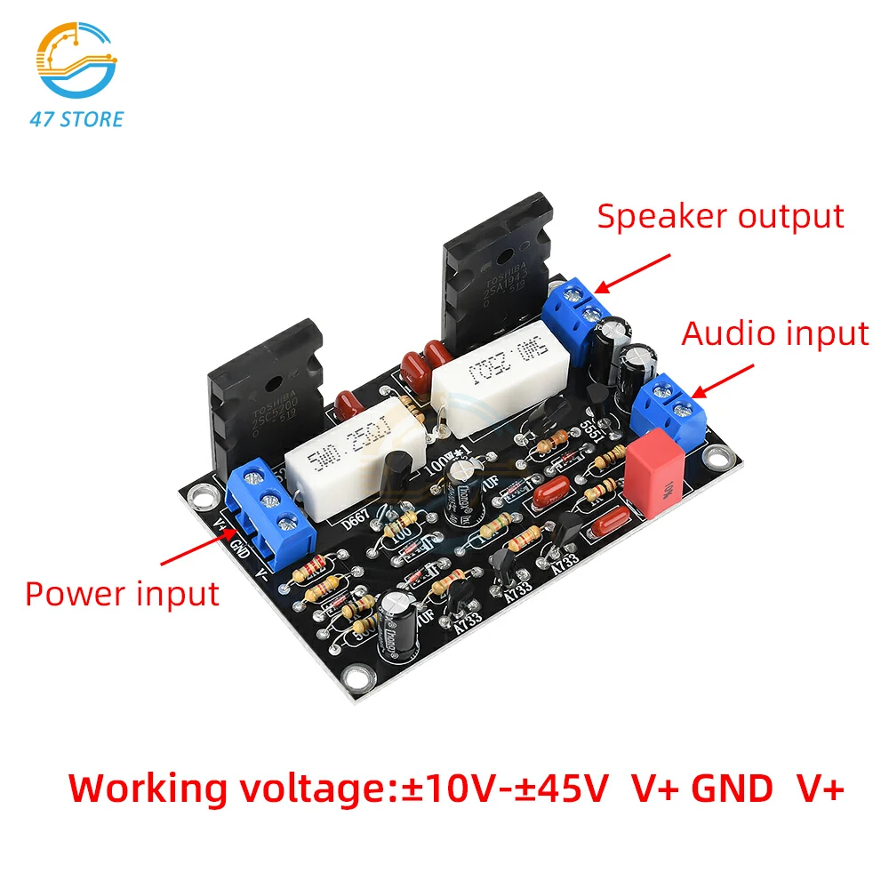 100W 2SC5200+2SA1943 Audio Amplifier Board HIFI Single Channel High-power Amplifier Speaker Home Theater DIY DC 10V-45V
100W 2SC5200+2SA1943 Audio Amplifier Board HIFI Single Channel High-power Amplifier Speaker Home Theater DIY DC 10V-45V