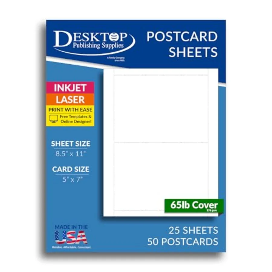 25 Sheets Printable 5x7 Postcards 2 Per Page on 8.5x11 Cardstock 50 Total Cards Inkjet and Laser Compatible 65lb White Matte Ca
25 Sheets Printable 5x7 Postcards 2 Per Page on 8.5x11 Cardstock 50 Total Cards Inkjet and Laser Compatible 65lb White Matte Ca
