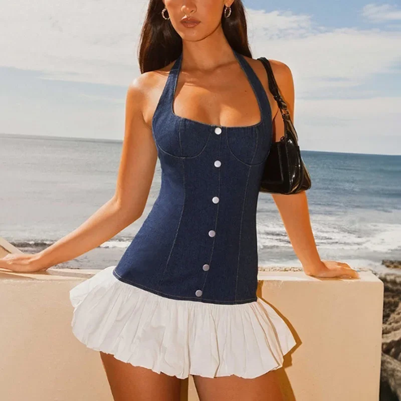 TARUXY Denim Splice Halter Short Dress For Women Lace Up Fashion Hot Girl Fold Dress Bodycon Sleeveless Y2K Club Party Outfits
TARUXY Denim Splice Halter Short Dress For Women Lace Up Fashion Hot Girl Fold Dress Bodycon Sleeveless Y2K Club Party Outfits