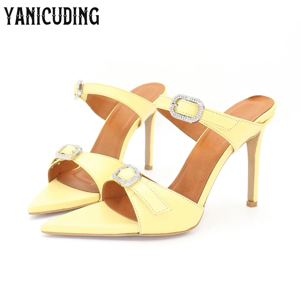 Butter Yellow Crystal Buckle Mules Three-Strip Design Sparkling Stone Details Slippers Luxurious Shiny Stiletto Women's Slippers
Butter Yellow Crystal Buckle Mules Three-Strip Design Sparkling Stone Details Slippers Luxurious Shiny Stiletto Women's Slippers