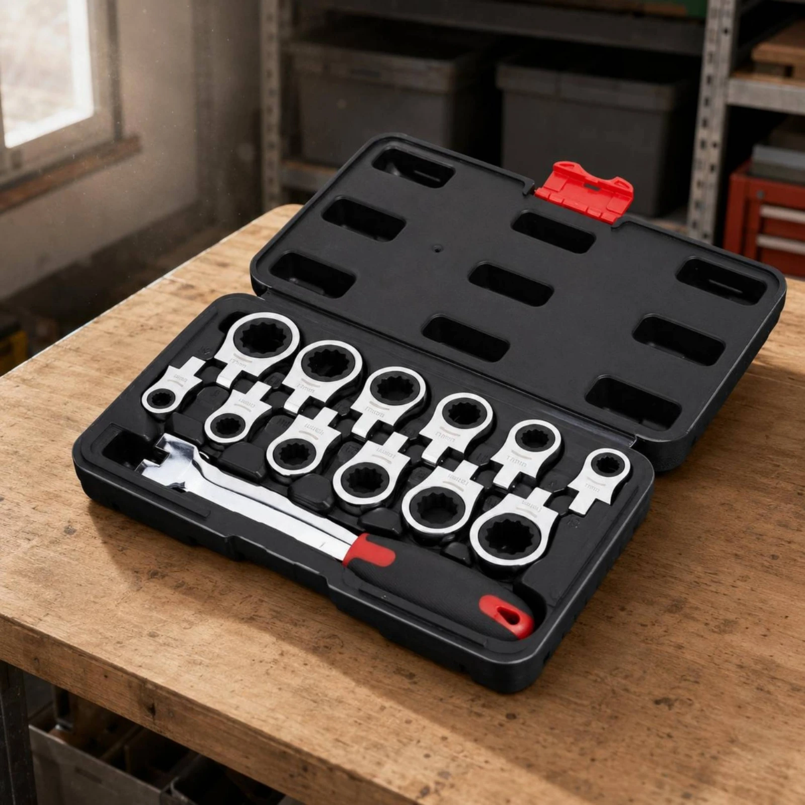 13 Pieces Interchangeable-Head Ratchet Wrench Set Molded Slots 13-Piece Ratchet Wrench Set Repair Kit Red Latch
13 Pieces Interchangeable-Head Ratchet Wrench Set Molded Slots 13-Piece Ratchet Wrench Set Repair Kit Red Latch
