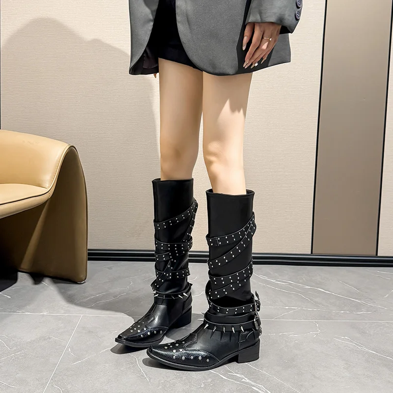Punk Style Pointed Toe Western Cowboy Boots Women's Chunky Heel Retro Knight Long Boots Black High Tubular Fashion Boots
Punk Style Pointed Toe Western Cowboy Boots Women's Chunky Heel Retro Knight Long Boots Black High Tubular Fashion Boots