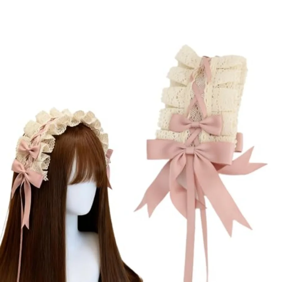 Ruffled Lace Headband with Duckbill Clip Lolita Beige Bonnet with Pink Bow and Long Ribbon Kawaii Hair Accessory for Cosplay an
Ruffled Lace Headband with Duckbill Clip Lolita Beige Bonnet with Pink Bow and Long Ribbon Kawaii Hair Accessory for Cosplay an