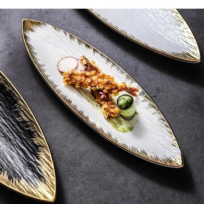Ceramic Leaf Shaped Sushi Plate Gold Edged Frosted Dessert Dim Sum Molecular Cuisine Specialty Tableware
Ceramic Leaf Shaped Sushi Plate Gold Edged Frosted Dessert Dim Sum Molecular Cuisine Specialty Tableware