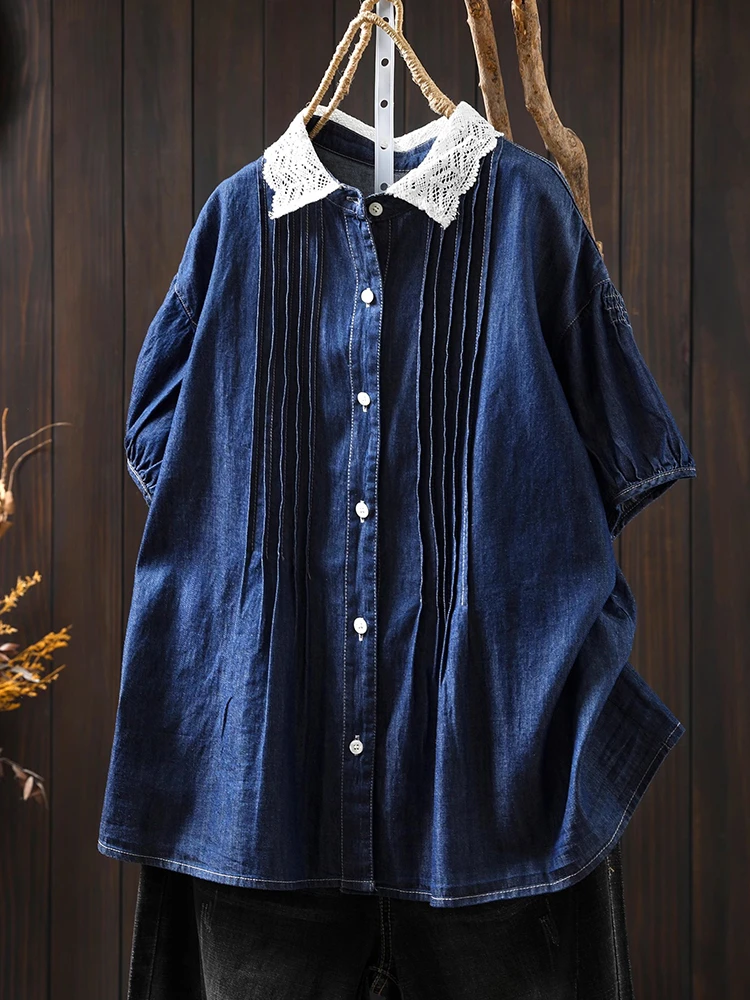 Women Casual Cotton Denim Shirt New Arrival 2025 Summer Vintage Style Lace Collar Loose Female Short Sleeve Tops Shirts M1460
Women Casual Cotton Denim Shirt New Arrival 2025 Summer Vintage Style Lace Collar Loose Female Short Sleeve Tops Shirts M1460
