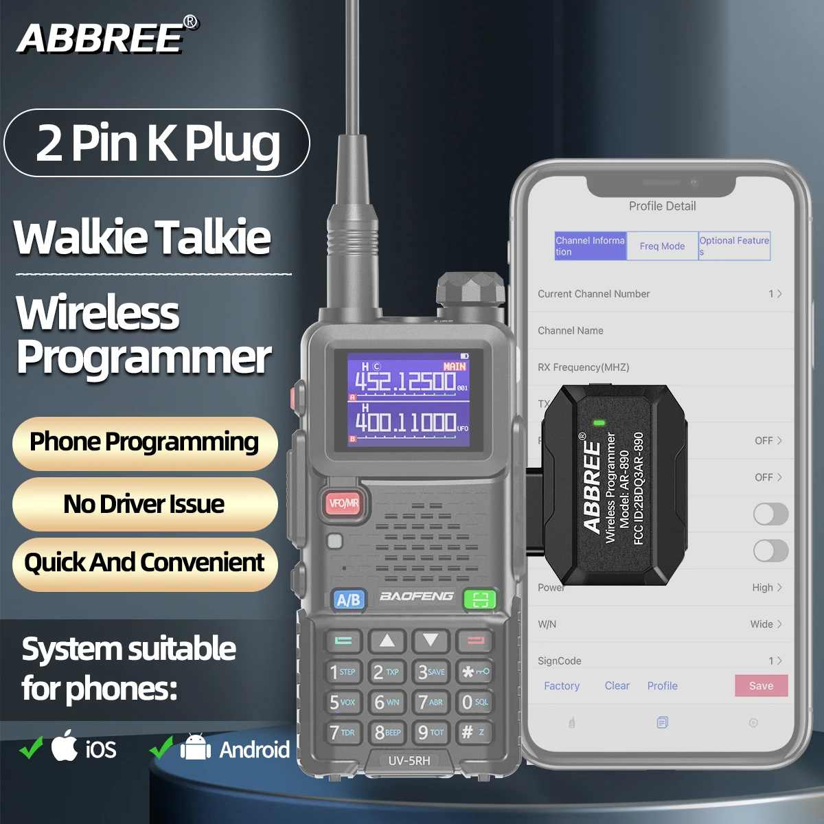 ABBREE Bluetooth беспроводной программатор, приложение для телефона, программирование для Baofeng UV-5R UV-5RH BF-888S рация Quansheng UV-K5
ABBREE Bluetooth беспроводной программатор, приложение для телефона, программирование для Baofeng UV-5R UV-5RH BF-888S рация Quansheng UV-K5