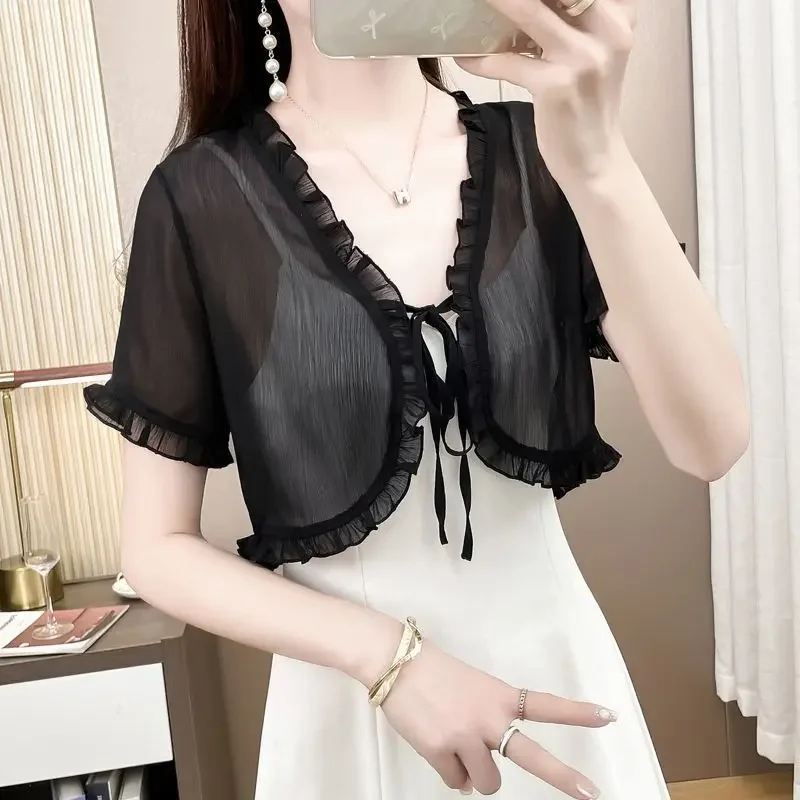 Sling Dress Outdoor Cover Up Black All-Match Short Sleeve Small Waistcoat Summer Chiffon Shawl Fairy Outerwear Cardigan Y93
Sling Dress Outdoor Cover Up Black All-Match Short Sleeve Small Waistcoat Summer Chiffon Shawl Fairy Outerwear Cardigan Y93