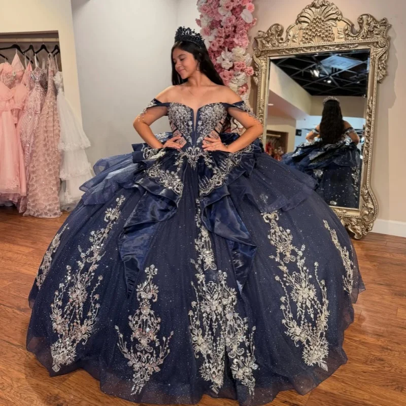 Dark Blue Quinceanera Dress Sequins Crystal Decal Long tail off-shoulder Lace Layering Bow Vestidos De 15 Quinceanera Customize
Dark Blue Quinceanera Dress Sequins Crystal Decal Long tail off-shoulder Lace Layering Bow Vestidos De 15 Quinceanera Customize