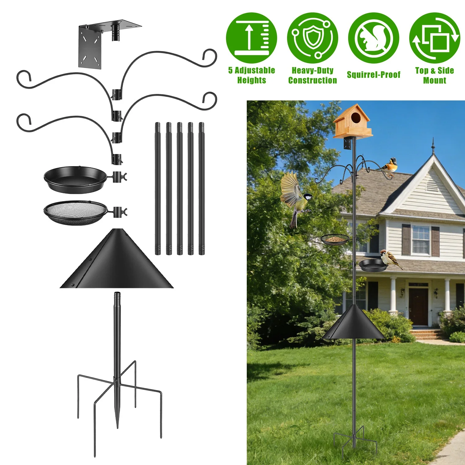 Bird Feeder Stand with Squirrel Baffle, 32-94in Adjustable Pole, 5-Prong Base, 4 Hooks Heavy Duty Outdoor Garden Feeding Station
Bird Feeder Stand with Squirrel Baffle, 32-94in Adjustable Pole, 5-Prong Base, 4 Hooks Heavy Duty Outdoor Garden Feeding Station