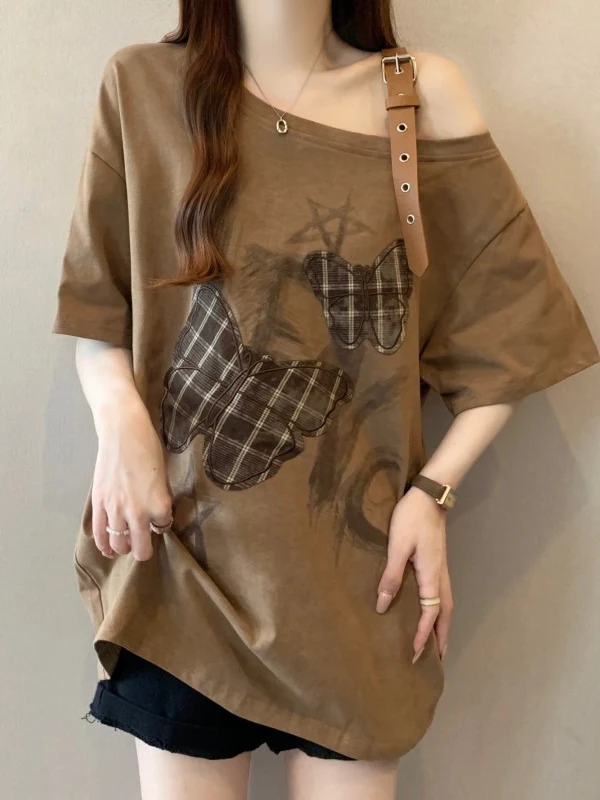 Mellower Summer New Large Size Brown Shoulder Bared Short Sleeve T Shirt Women's Loose Fit Korean Style Commute Wind Top
Mellower Summer New Large Size Brown Shoulder Bared Short Sleeve T Shirt Women's Loose Fit Korean Style Commute Wind Top