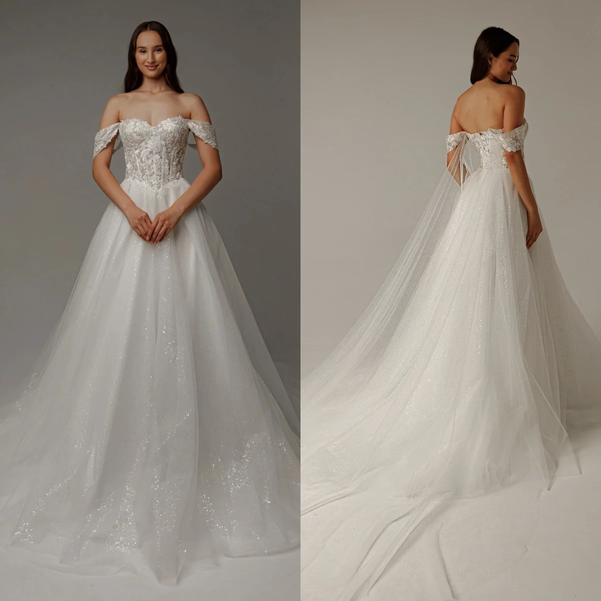Elegant A Line Tulle Wedding Dresses Off Shoulder Lace Appliques Bridal Gowns Shiny Sequins Floor Length Vestidos De Mariee
Elegant A Line Tulle Wedding Dresses Off Shoulder Lace Appliques Bridal Gowns Shiny Sequins Floor Length Vestidos De Mariee