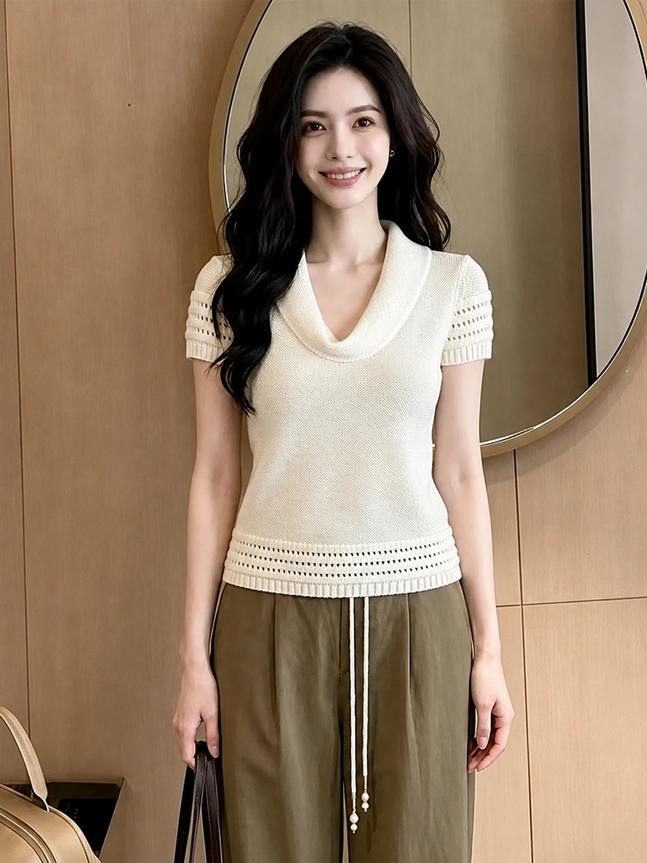 Fashionable Casual Commute Short Sleeve Knit Shirt Elegant Lady Style Summer Anti-Aging Top Korean Version Straight Cut
Fashionable Casual Commute Short Sleeve Knit Shirt Elegant Lady Style Summer Anti-Aging Top Korean Version Straight Cut