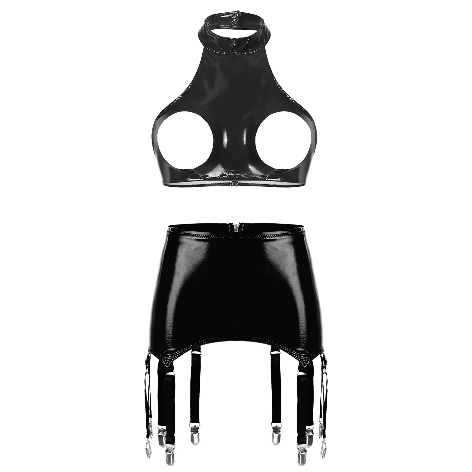 Women Leather Lingerie Set Erotic Temptation Nightwear Halter Neck Backless Open Chest Bra Tops with Garters Mini Skirt Sets
Women Leather Lingerie Set Erotic Temptation Nightwear Halter Neck Backless Open Chest Bra Tops with Garters Mini Skirt Sets