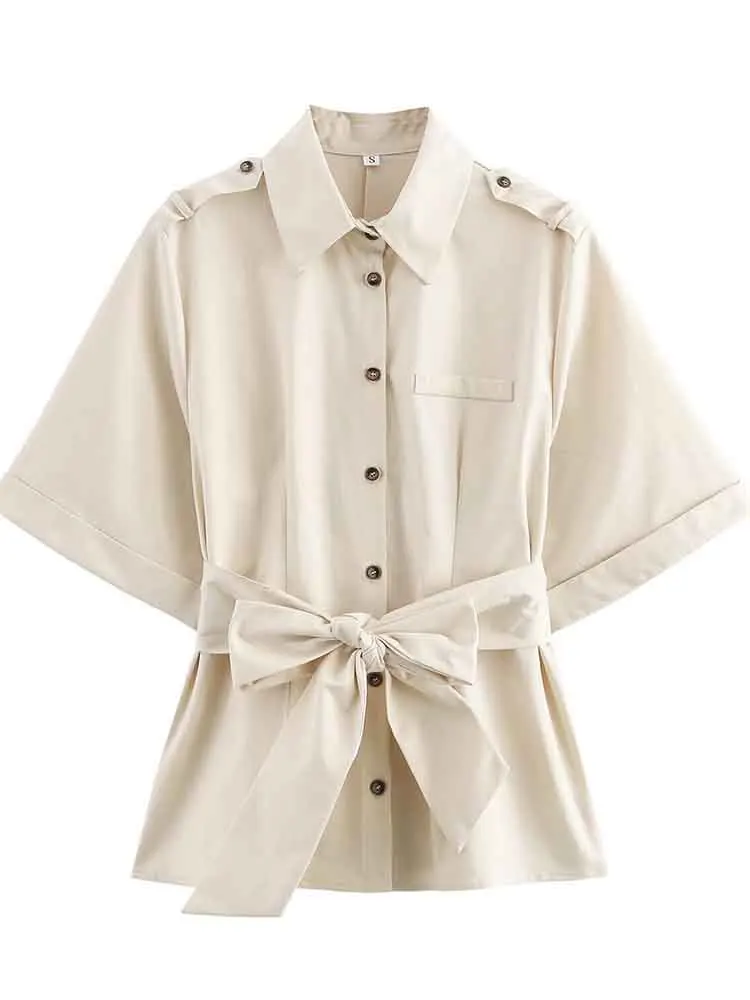 European style new arrival women's fashion versatile belt strap decoration lapel loose slim curling short sleeve lapel shirt
European style new arrival women's fashion versatile belt strap decoration lapel loose slim curling short sleeve lapel shirt