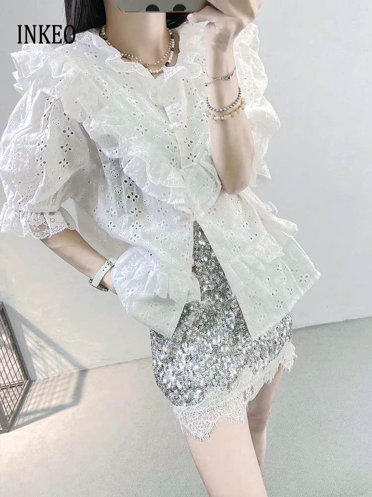 Fashion White Hollow out Lace tops Women's Short sleeve Ruffles shirt 2024 Summer Streetwear Embroidery blouse INKEO 4T149
Fashion White Hollow out Lace tops Women's Short sleeve Ruffles shirt 2024 Summer Streetwear Embroidery blouse INKEO 4T149