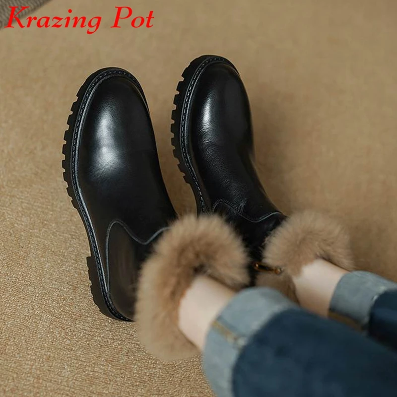Krazing Pot New Cow Leather Rabbit Fur Round Toe Winter Keep Warm Snow Boots Med Heels Vintage Zipper British School Ankle Boots
Krazing Pot New Cow Leather Rabbit Fur Round Toe Winter Keep Warm Snow Boots Med Heels Vintage Zipper British School Ankle Boots