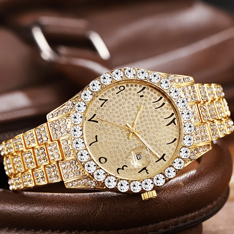 Luxury Fashion Men'S Quartz WrisWatch, Round Rhinestone Dial, With Arabic Numeral And Calendar Display, Stylish Men'S Watch
Luxury Fashion Men'S Quartz WrisWatch, Round Rhinestone Dial, With Arabic Numeral And Calendar Display, Stylish Men'S Watch