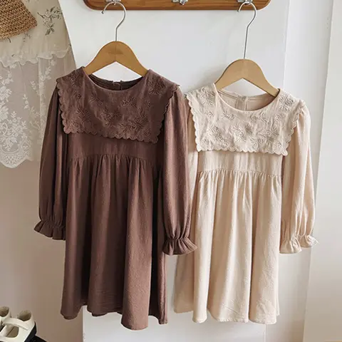 2025 nuevo otoño estilo americano y europeo vestidos de princesa para niños de manga larga de algodón Color sólido bordado 2-7 años vestido de fiesta para niñas