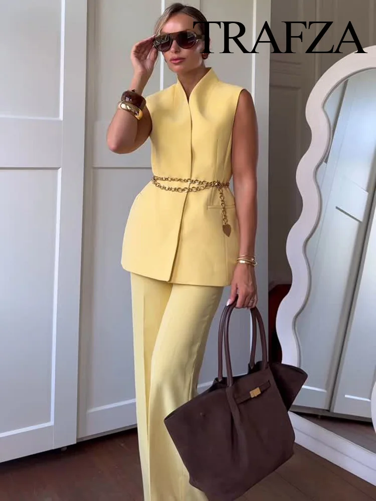 TRAFZA Women Pocket Decoration Commute Yellow Solid Pants Suit Sleeveless Button V-Neck Waistcoat+Loose Wide-leg Zipper Pants 
TRAFZA Women Pocket Decoration Commute Yellow Solid Pants Suit Sleeveless Button V-Neck Waistcoat+Loose Wide-leg Zipper Pants