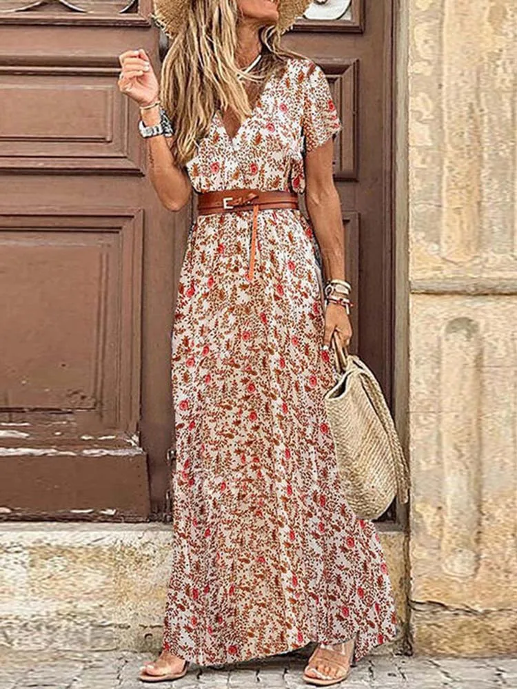 Women Bohemian Printed Beach Long Dress Vintage Short Sleeve V-Neck Spring Summer Casual Loose Boho Split Dresses Belt
Women Bohemian Printed Beach Long Dress Vintage Short Sleeve V-Neck Spring Summer Casual Loose Boho Split Dresses Belt