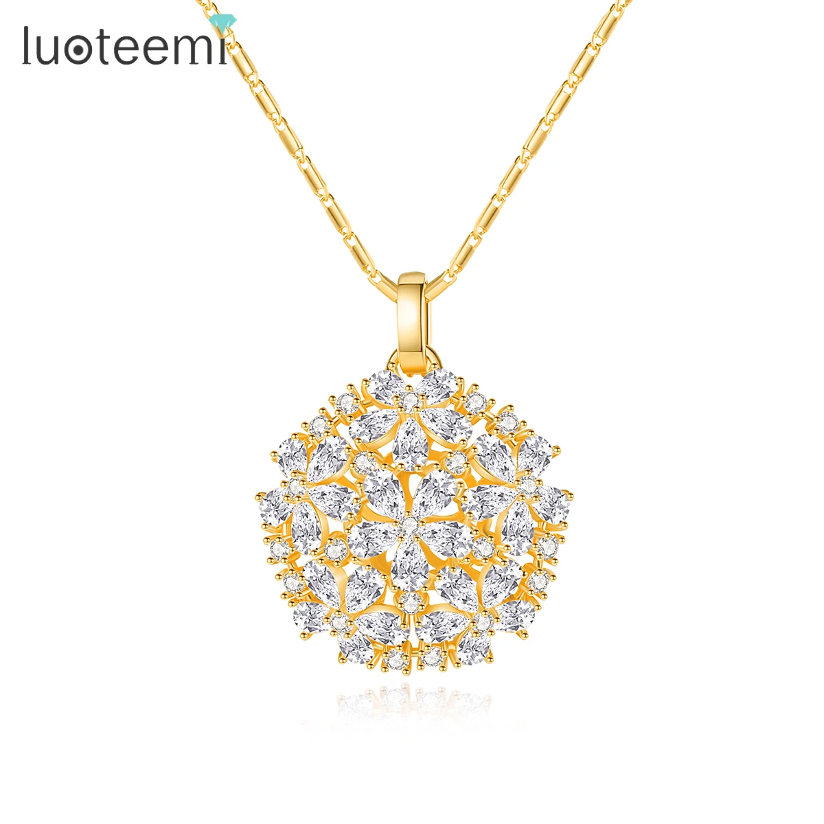 LUOTEEMI Brand Luxury Gold Color Pendants Customized Big Shinning Flower Cubic Zirconia Necklace Wedding Bridal Engagement Gift
LUOTEEMI Brand Luxury Gold Color Pendants Customized Big Shinning Flower Cubic Zirconia Necklace Wedding Bridal Engagement Gift