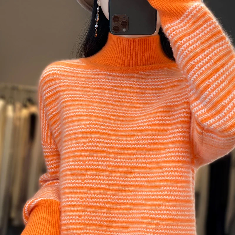 100% Merino Wool Women's Half High Neck Stripe Pullover Autumn Winter New Fashion Knitted Top Large Size Korean Cashmere Sweater
100% Merino Wool Women's Half High Neck Stripe Pullover Autumn Winter New Fashion Knitted Top Large Size Korean Cashmere Sweater