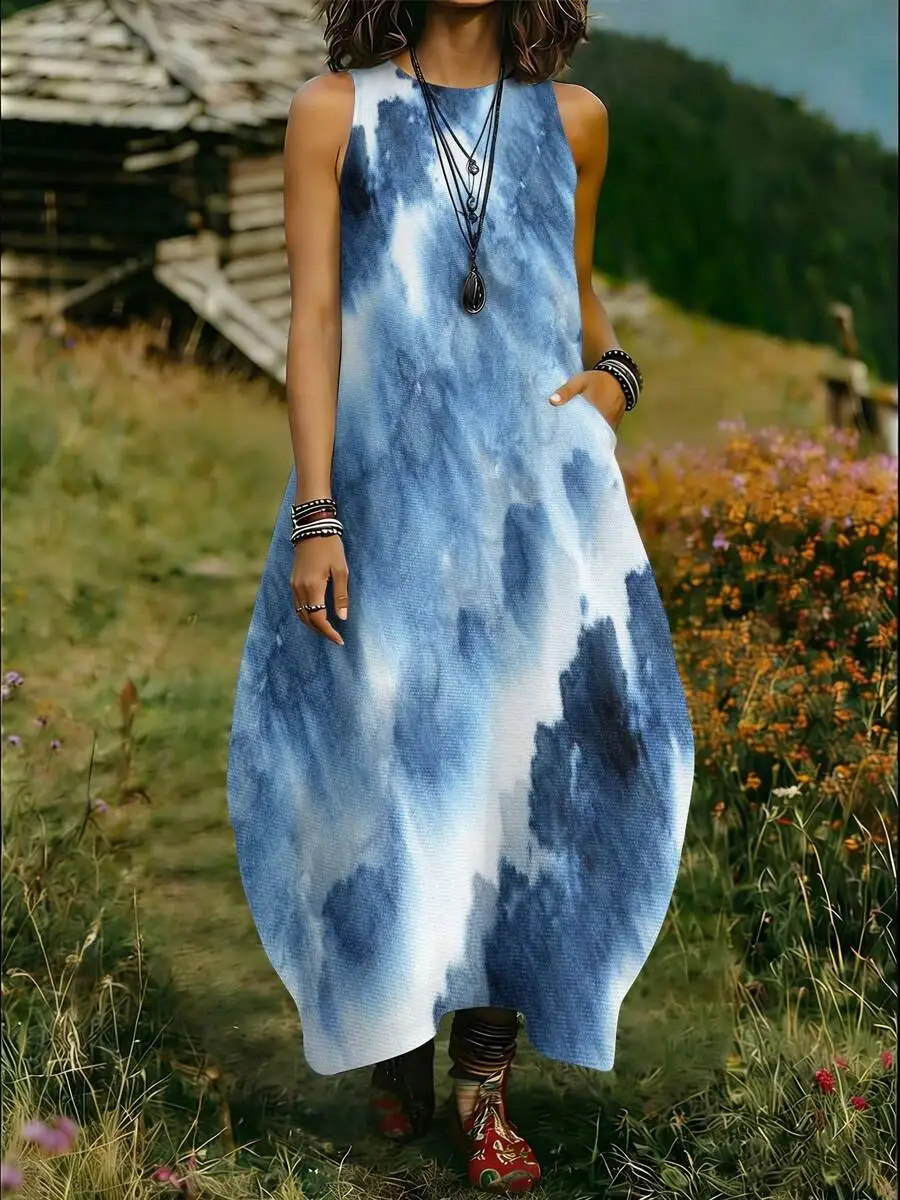 Women Sleeveless Round Neck Blue White Tie Dye Knit Maxi Dress Casual Summer
Women Sleeveless Round Neck Blue White Tie Dye Knit Maxi Dress Casual Summer