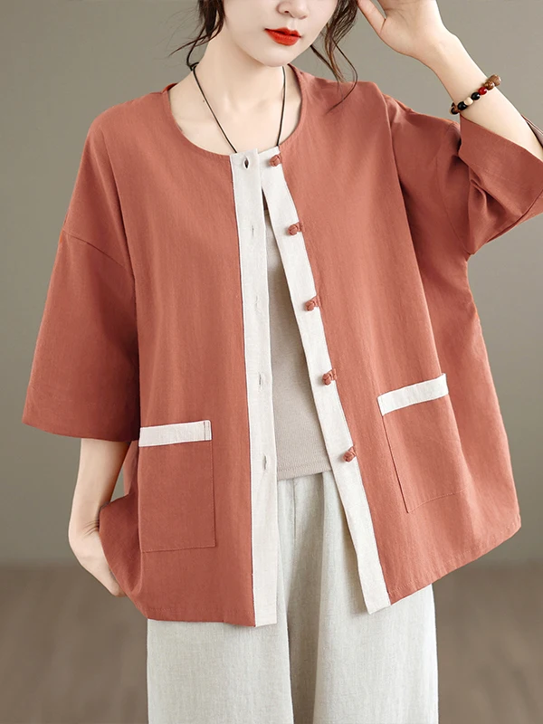 Retro Chinese Style Button up Color Block Shirt Large Size Women's Fashion Summer New round Neck Open Cardigan Top
Retro Chinese Style Button up Color Block Shirt Large Size Women's Fashion Summer New round Neck Open Cardigan Top