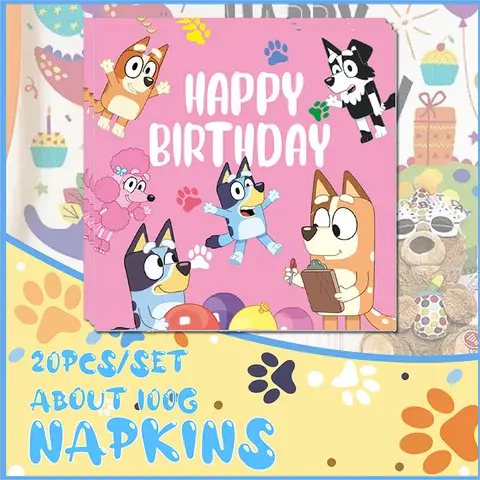 20/60/100pcs Bluey Theme Cartoon Napkin Bingo Dog Anime for Birthday Celebration Party Decorations Disposable Baby Shower