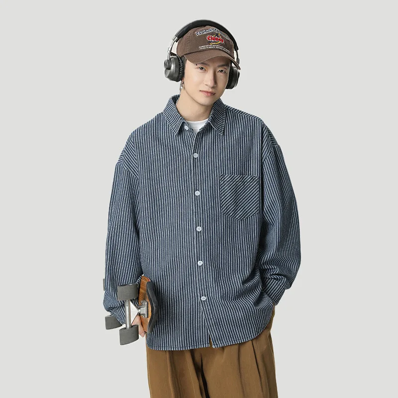 Denim Striped Long Sleeve Shirt For Men Spring Style With Back Patch Design Casual Blue Shirt Jacket With Button Pocket TGB3
Denim Striped Long Sleeve Shirt For Men Spring Style With Back Patch Design Casual Blue Shirt Jacket With Button Pocket TGB3