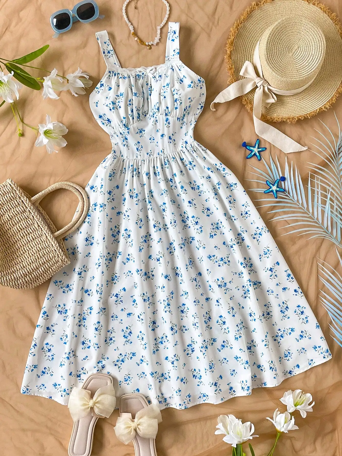 Women's Blue Floral Sundress With Square Neck, Adjustable Straps, Ruched Bodice, Flowy Midi Skirt
Women's Blue Floral Sundress With Square Neck, Adjustable Straps, Ruched Bodice, Flowy Midi Skirt