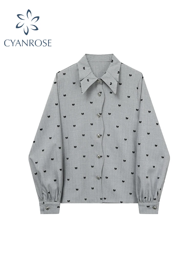 Women Grey Bow Print Shirts and Blouses Y2k 90s Vintage Korean Harajuku 2000s Elegant Long Sleeve Polo-Neck Shirt Trashy Clothes
Women Grey Bow Print Shirts and Blouses Y2k 90s Vintage Korean Harajuku 2000s Elegant Long Sleeve Polo-Neck Shirt Trashy Clothes
