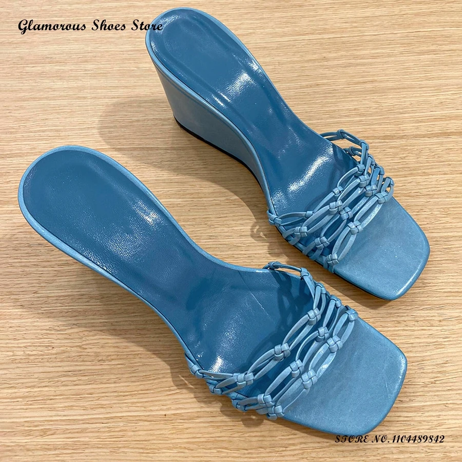 Blue Braided Wedges Slippers Elegant Square Open Toe High Heels Shoes Spring Summer Solid Pull On Party Dress Mules
Blue Braided Wedges Slippers Elegant Square Open Toe High Heels Shoes Spring Summer Solid Pull On Party Dress Mules