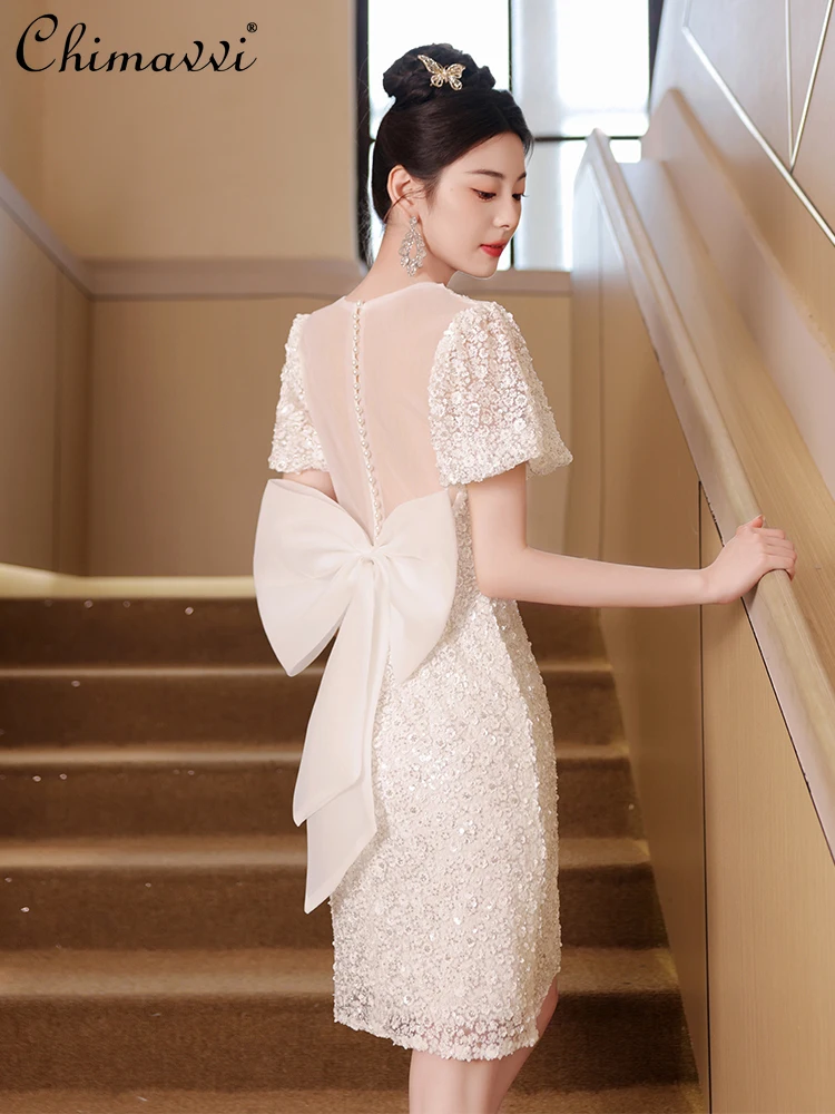 French Elegant Socialite Sequins Back Beads Big Bow Round Neck Short Sleeve High Waist Slim Fit White Birthday Short Dress Women
French Elegant Socialite Sequins Back Beads Big Bow Round Neck Short Sleeve High Waist Slim Fit White Birthday Short Dress Women