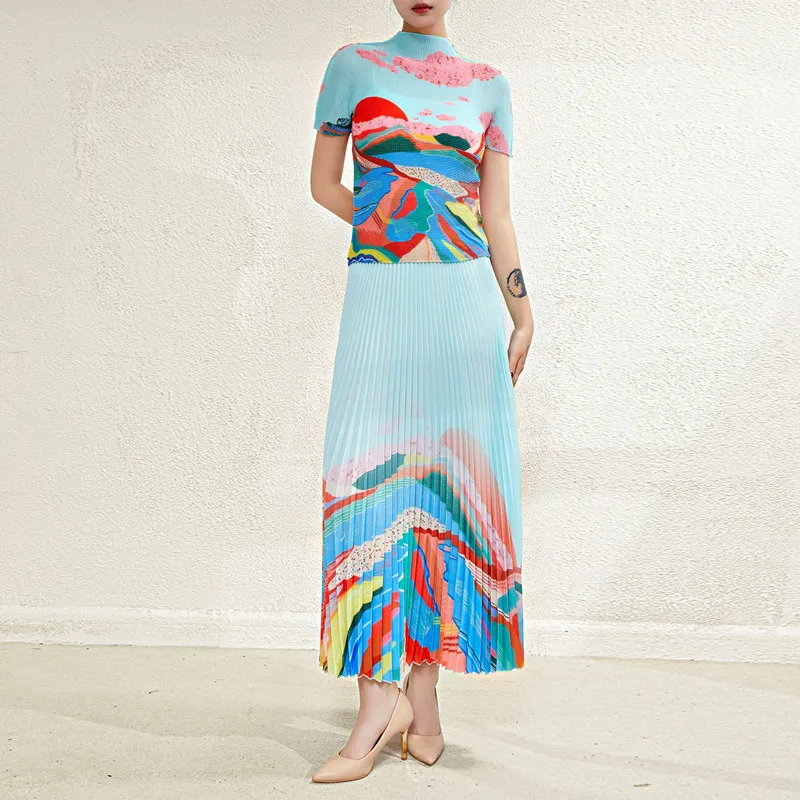 Miyake Pleated Set Women's Clothing 2023 Summer New Blue Fashion Printed Short Sleeved T-Shirt Tops + Elastic Waist Skirt
Miyake Pleated Set Women's Clothing 2023 Summer New Blue Fashion Printed Short Sleeved T-Shirt Tops + Elastic Waist Skirt