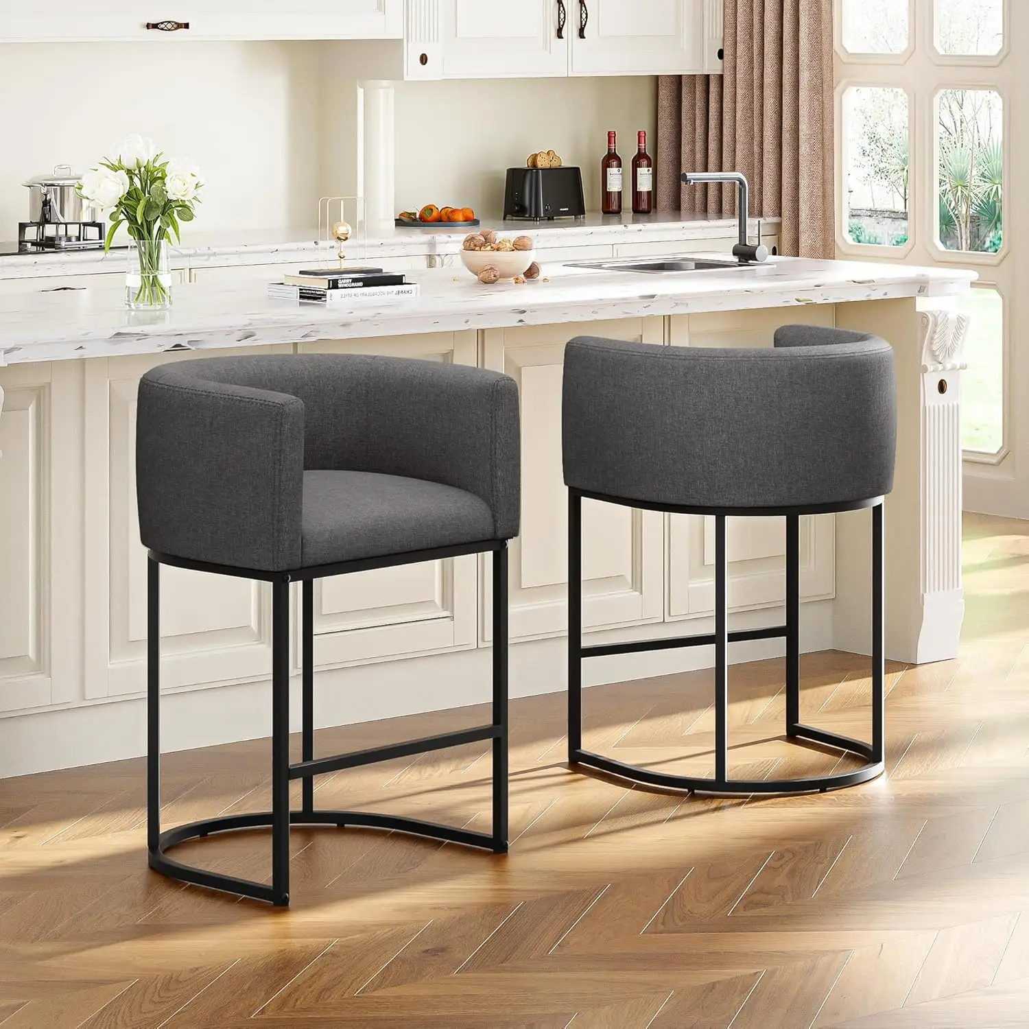 26" H Counter Height Bar Stools Set of 2, Modern Barrel Counter Stools with Backrest and Arms, Linen Fabric Upholstered Accen
26" H Counter Height Bar Stools Set of 2, Modern Barrel Counter Stools with Backrest and Arms, Linen Fabric Upholstered Accen