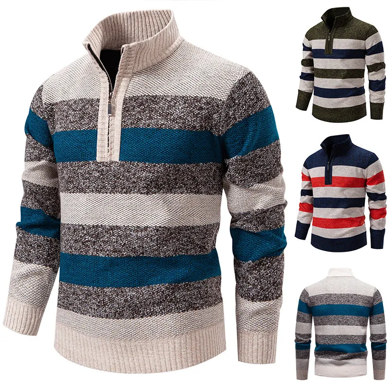 Knitted Cardigan Men's New Korean Fashion Striped Half Zip Sweaters Jacket Fleece Lined Autumn Winter Casual Men's Coat Outwear
Knitted Cardigan Men's New Korean Fashion Striped Half Zip Sweaters Jacket Fleece Lined Autumn Winter Casual Men's Coat Outwear