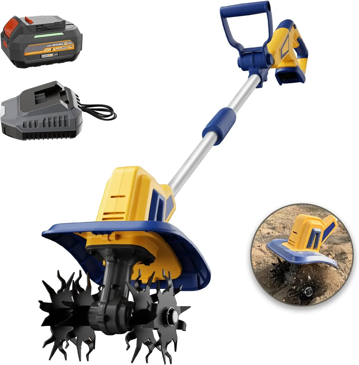 Cordless Electric Garden Tiller with 270 RPM, 48 Steel Tines, 8.7" Width, 6.3" Depth, Includes Battery
Cordless Electric Garden Tiller with 270 RPM, 48 Steel Tines, 8.7" Width, 6.3" Depth, Includes Battery