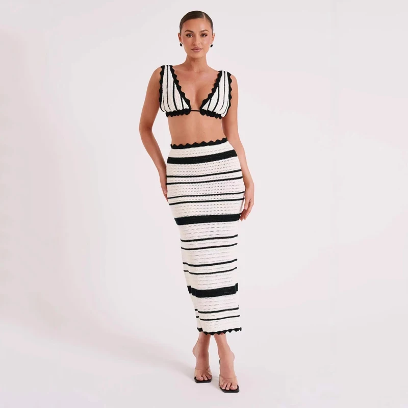 New Sexy Women Beach Holiday Outfit Summer Knitted Two Pieces Set Lady Lace Up Backless Tank Top and Stripped Bodycon Long Skirt
New Sexy Women Beach Holiday Outfit Summer Knitted Two Pieces Set Lady Lace Up Backless Tank Top and Stripped Bodycon Long Skirt