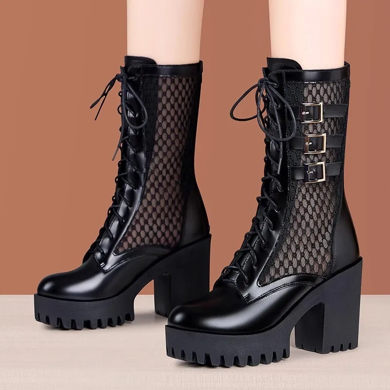 Soft PU Leather Thick High Heels Short Boots Women Spring Summer Breathable Mesh Thick Bottom Sandals Boots Woman Ankle Boots
Soft PU Leather Thick High Heels Short Boots Women Spring Summer Breathable Mesh Thick Bottom Sandals Boots Woman Ankle Boots