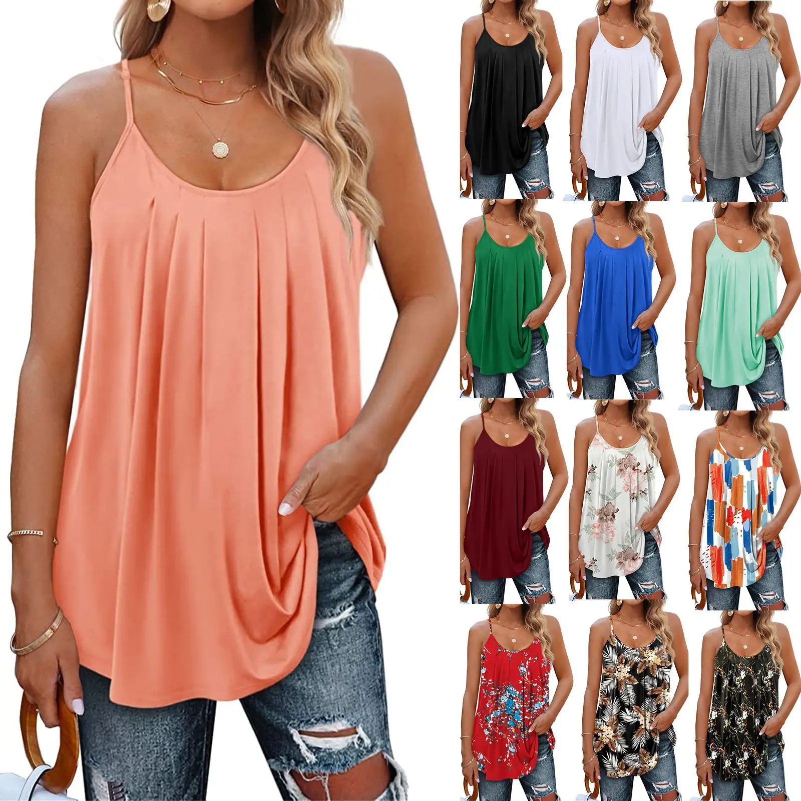 Loose Relaxed Sleeveless Vests 2023 New Women's Summer Tank Top Pleated Thin Shoulder Strap Suspender Tank Top
Loose Relaxed Sleeveless Vests 2023 New Women's Summer Tank Top Pleated Thin Shoulder Strap Suspender Tank Top