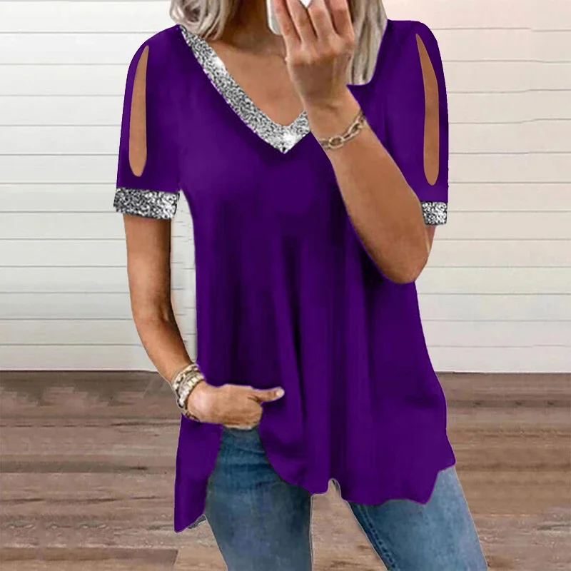 Summer V Neck T-shirt Women V Neck Sequin Design Hollow Out Loose Tee Tops Casual Shirt Women Solid Pullover
Summer V Neck T-shirt Women V Neck Sequin Design Hollow Out Loose Tee Tops Casual Shirt Women Solid Pullover