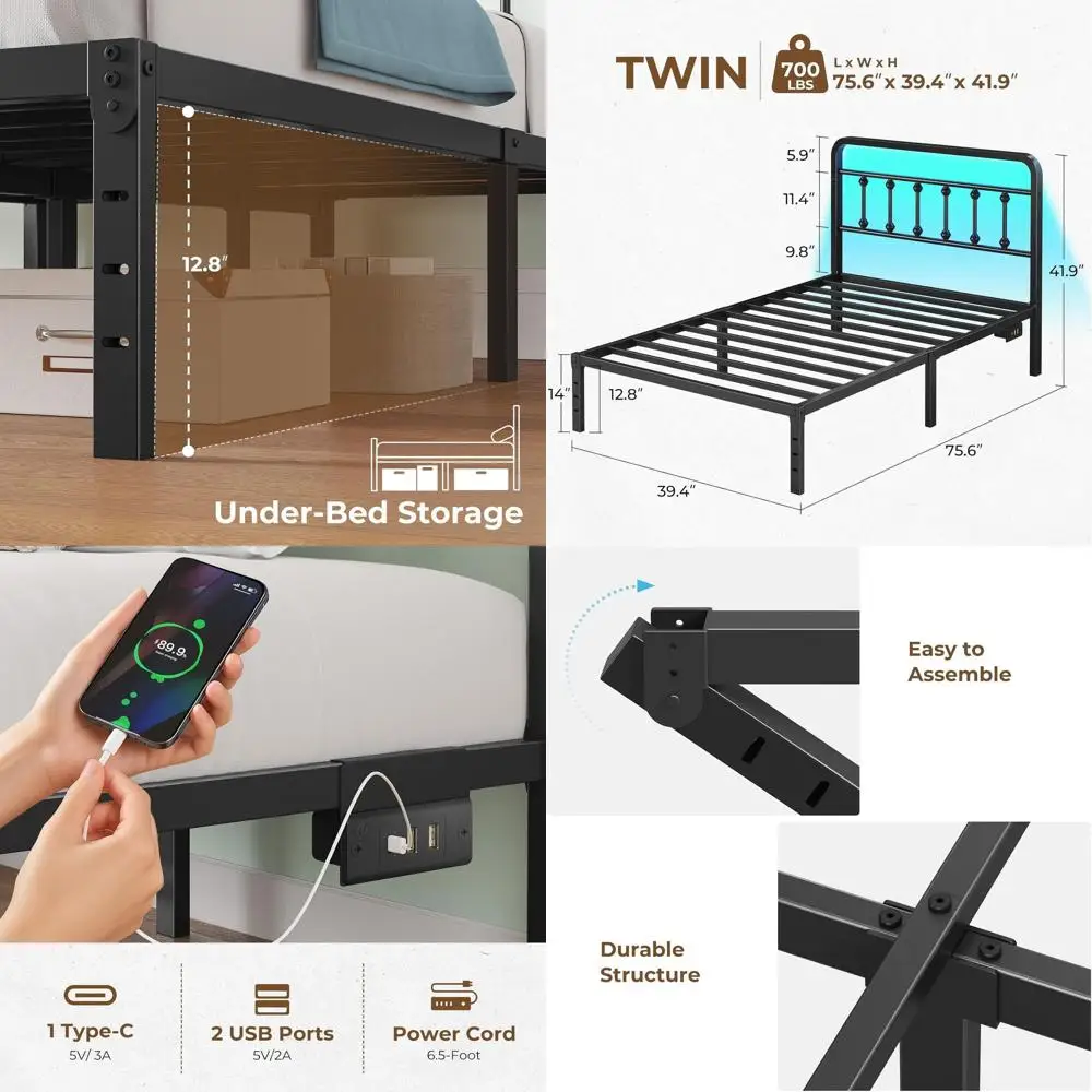14 Inch Metal Platform Twin Bed with Charging Station, LED Lights, Storage, Heavy Duty, No Box Spring, Easy Assembly, Black
14 Inch Metal Platform Twin Bed with Charging Station, LED Lights, Storage, Heavy Duty, No Box Spring, Easy Assembly, Black