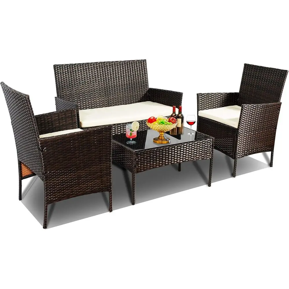 4 PC Wicker Patio Outdoor urniture Contion Sets, 2-Single Chairs 1-Piece Love Seat and Glass Coee Table with Cushion Rattan Deck
4 PC Wicker Patio Outdoor urniture Contion Sets, 2-Single Chairs 1-Piece Love Seat and Glass Coee Table with Cushion Rattan Deck