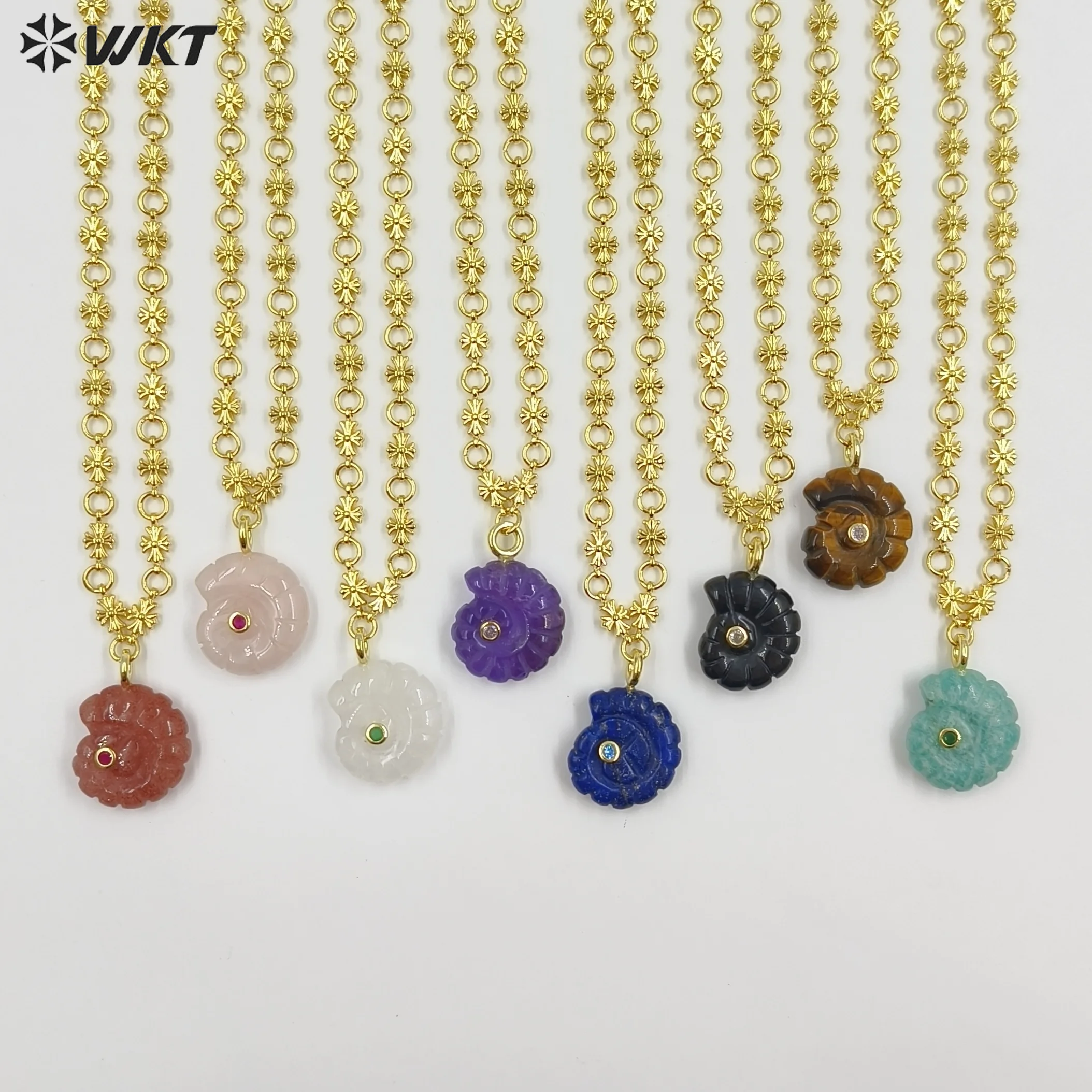 WT-N1507 Lovely Snail Shape Colorful Gemstone With Zircon Paved Lapics Pink Crystal Pendant Yellow Brass Solid Necklace
WT-N1507 Lovely Snail Shape Colorful Gemstone With Zircon Paved Lapics Pink Crystal Pendant Yellow Brass Solid Necklace