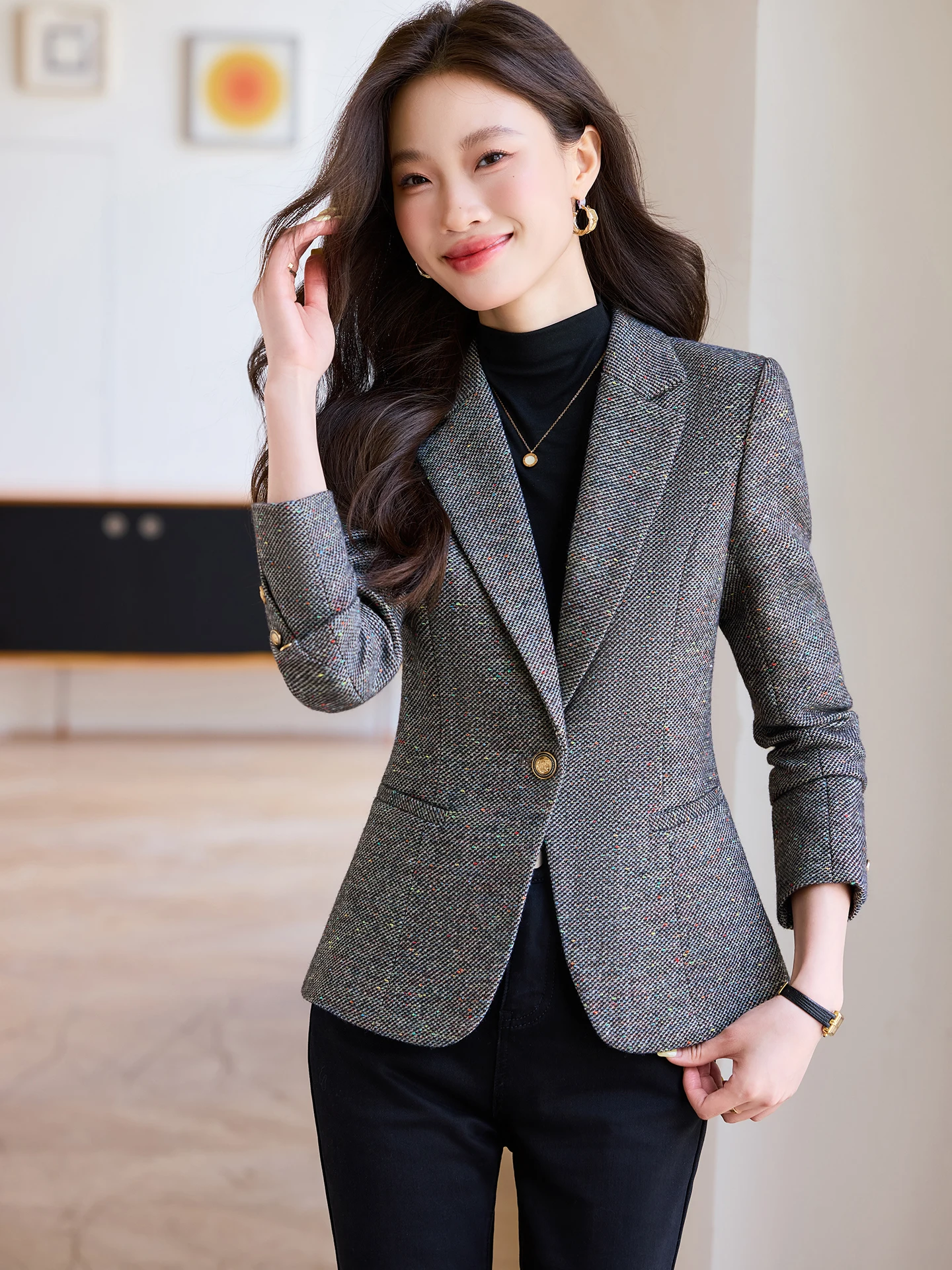 Модный шерстяной тюнер, женский осенне-зимний повседневный облегающий костюм высокого класса, женский деловой костюм, топ
Модный шерстяной тюнер, женский осенне-зимний повседневный облегающий костюм высокого класса, женский деловой костюм, топ