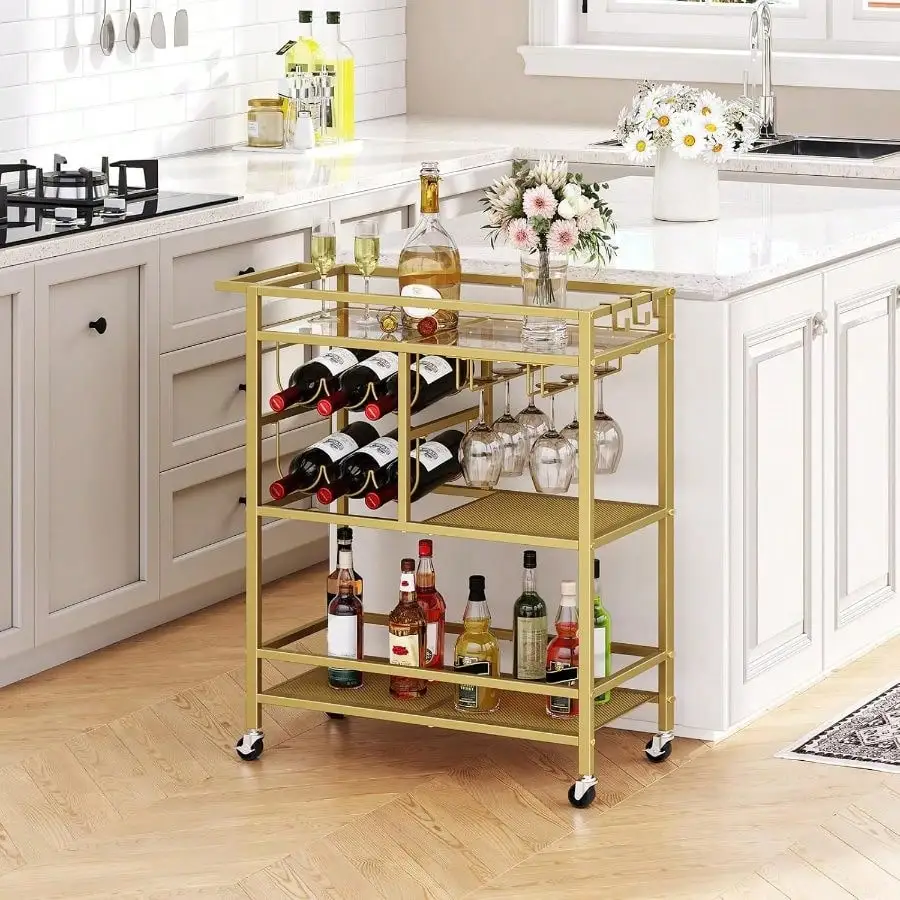 Bar Cart Home, 3-Tier Serving Cart With Wheels And Handle, Beverage Cart With Wine Rack And Glass Holders, Rolling Wine Cart Kitchen, Dining Room, Gold
Bar Cart Home, 3-Tier Serving Cart With Wheels And Handle, Beverage Cart With Wine Rack And Glass Holders, Rolling Wine Cart Kitchen, Dining Room, Gold