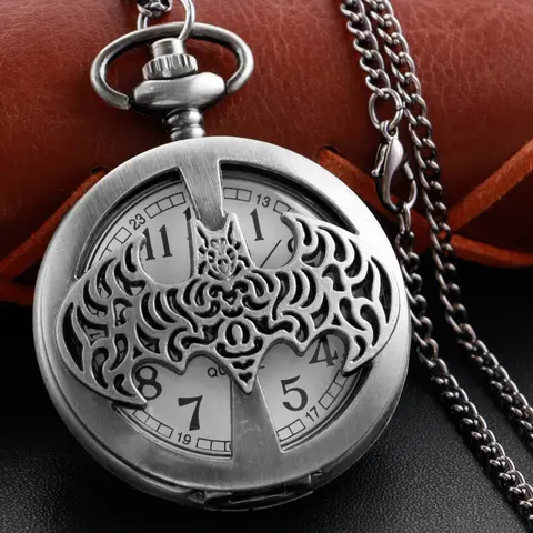 Relógio de bolso de quartzo com relevo de desenho animado de morcego oco com corrente masculino e feminino retrô charme steampunk pingente colar relógio