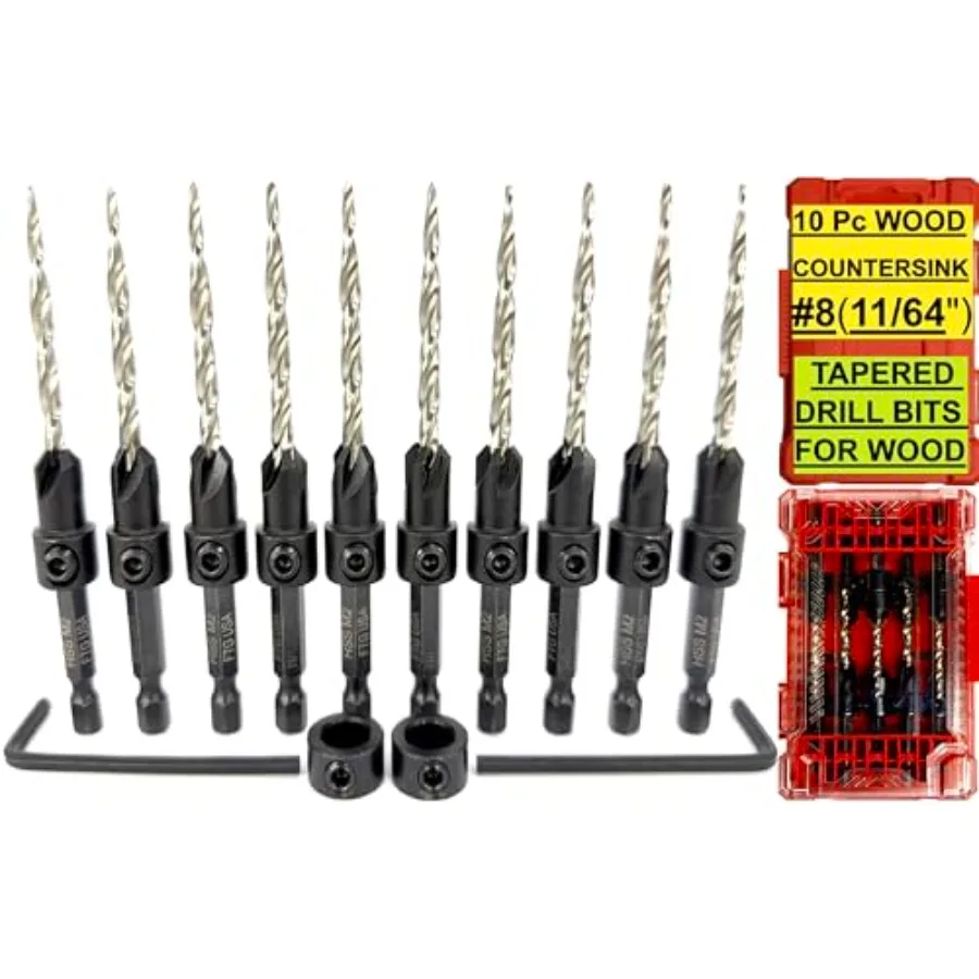 10 Pc 11/64" Countersink Drill Bit Set with Tapered Drill Bit for Woodworking 2 Pc Depth Stop 2 Hex Wrench in Storage Container
10 Pc 11/64" Countersink Drill Bit Set with Tapered Drill Bit for Woodworking 2 Pc Depth Stop 2 Hex Wrench in Storage Container